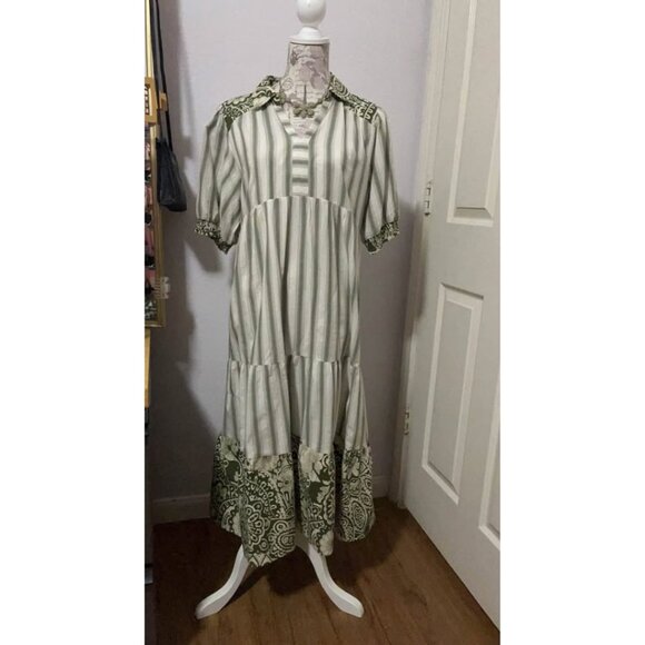 Boho Chic Maxi Dress – Green & White Patchwork, Size L - Picture 1 of 3